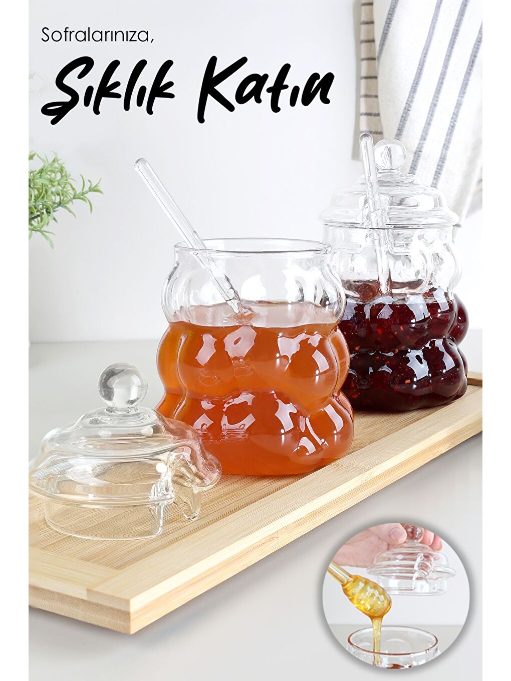 Renksiz 2li Kaşıklı Borosilikat Cam Bal Kavanozu Kapaklı Boncuk Şekilli Reçellik Bal Reçel Kavanozu 400ml-4