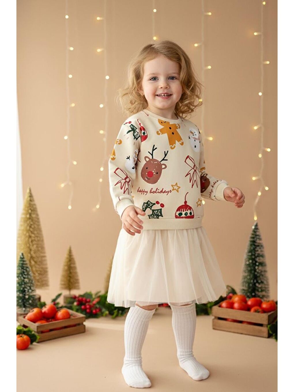 Siyah Kız Çocuk Yılbaşı Baskılı Tül Detaylı Elbise