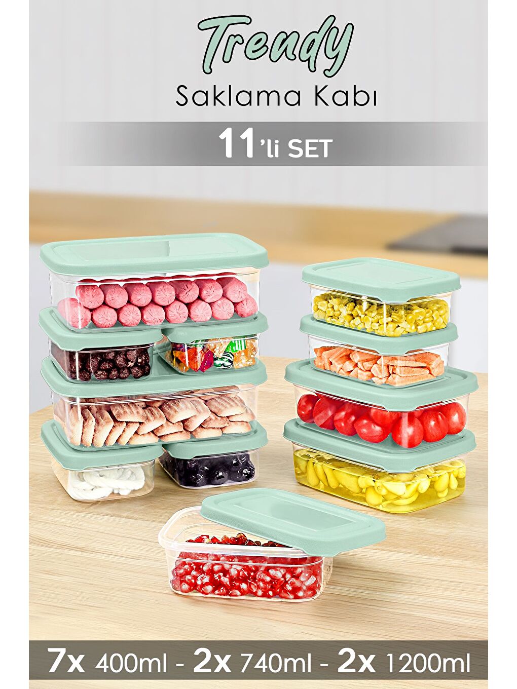 11li Dikdörtgen Erzak Saklama Kabı Seti Mikrodalgaya Uygun Düzenleyici Organizer Erzak Kabı Yeşil