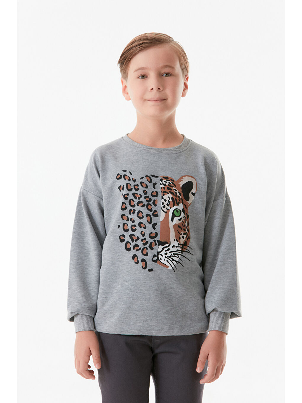 Fullamoda Gri Leopar Baskılı Bisiklet Yaka Erkek Çocuk Sweatshirt