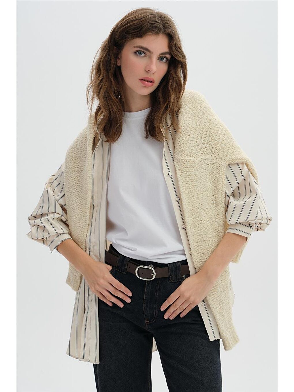 Bej Çizgili Oversize Gömlek