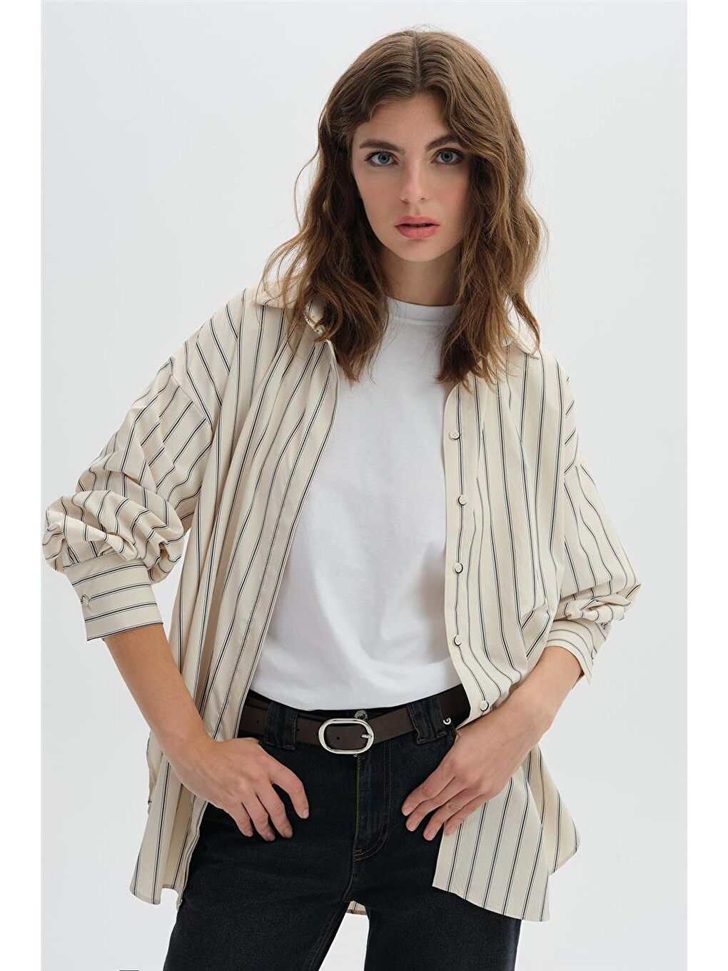 Bej Çizgili Oversize Gömlek-1