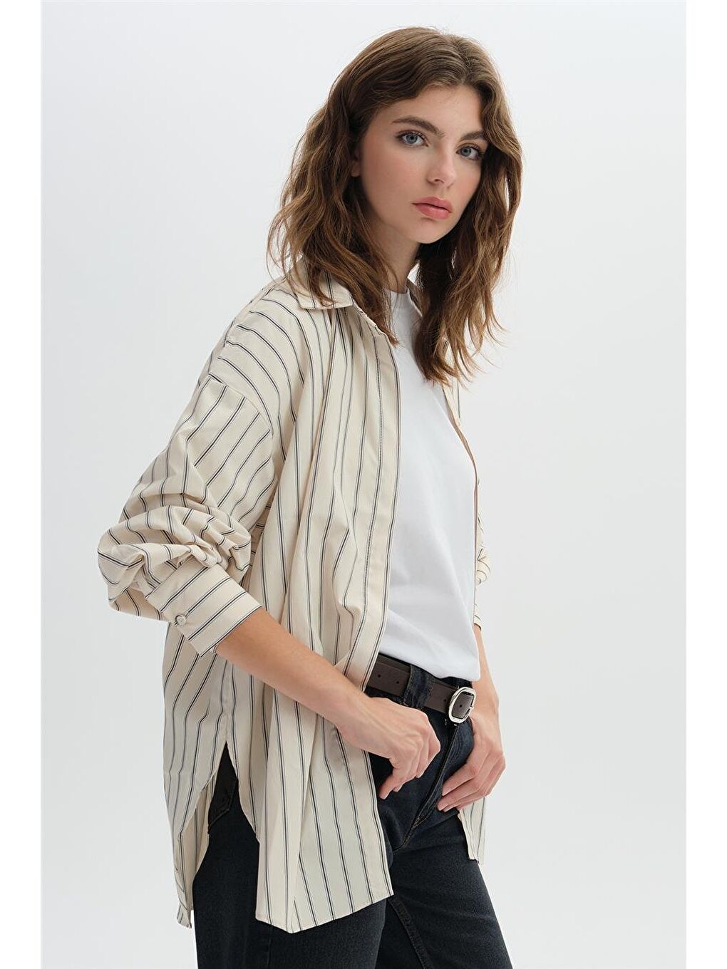 Bej Çizgili Oversize Gömlek-2