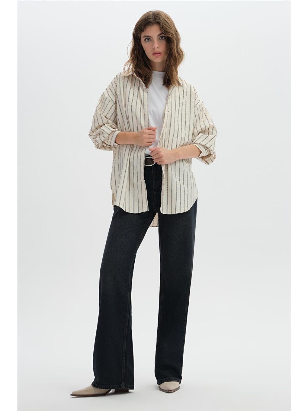 Bej Çizgili Oversize Gömlek-3