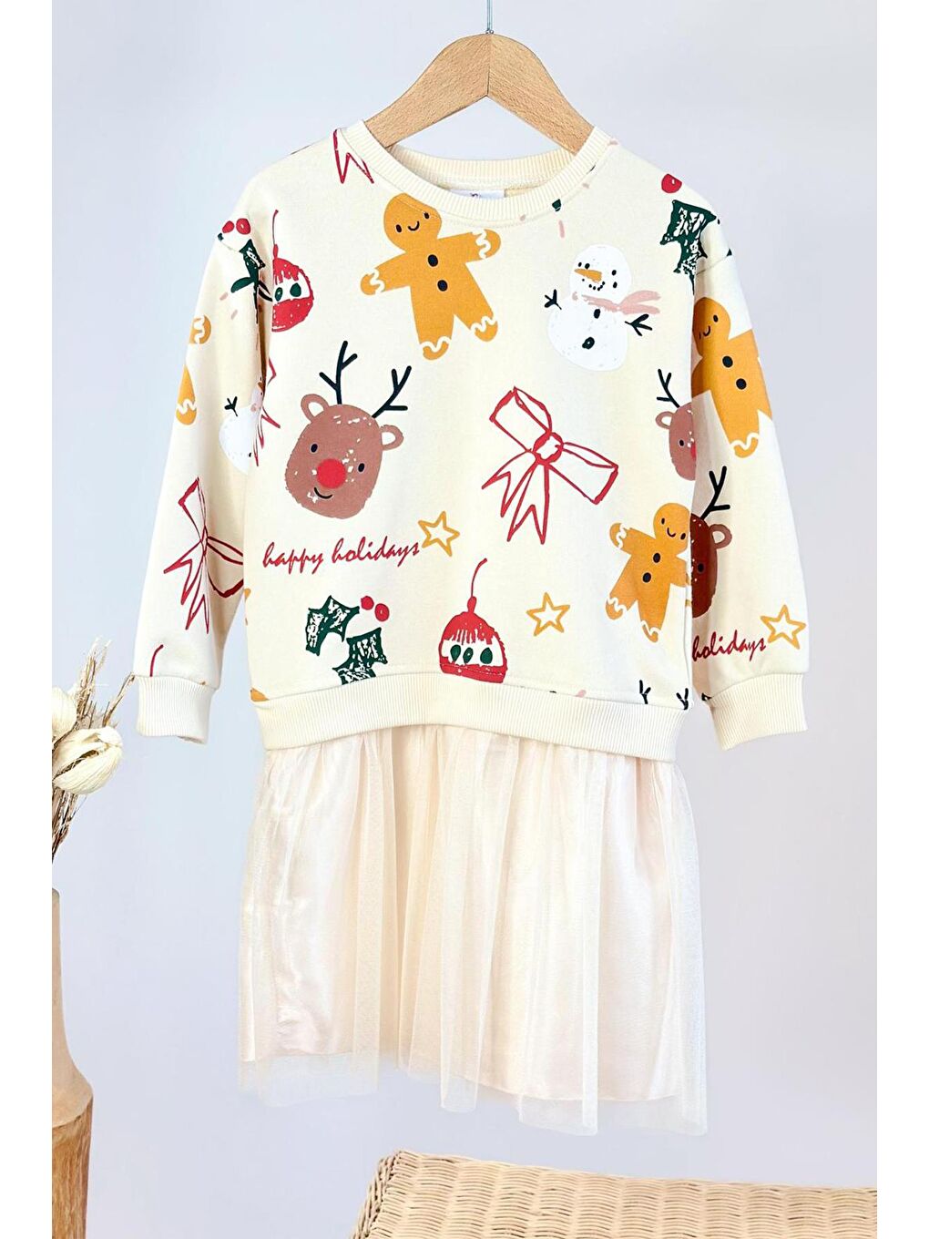 Siyah Kız Çocuk Yılbaşı Baskılı Tül Detaylı Elbise-2