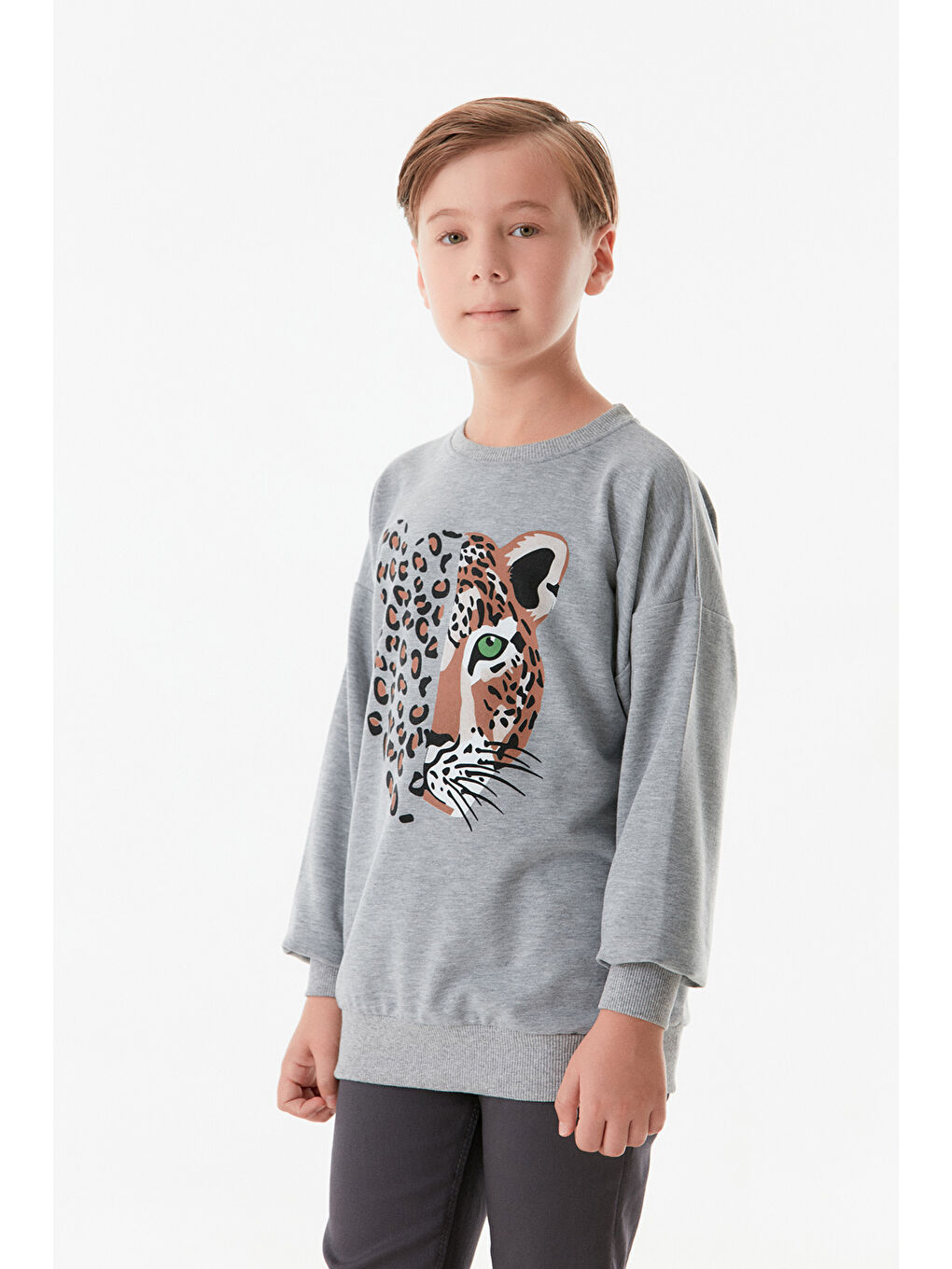 Fullamoda Gri Leopar Baskılı Bisiklet Yaka Erkek Çocuk Sweatshirt - 3