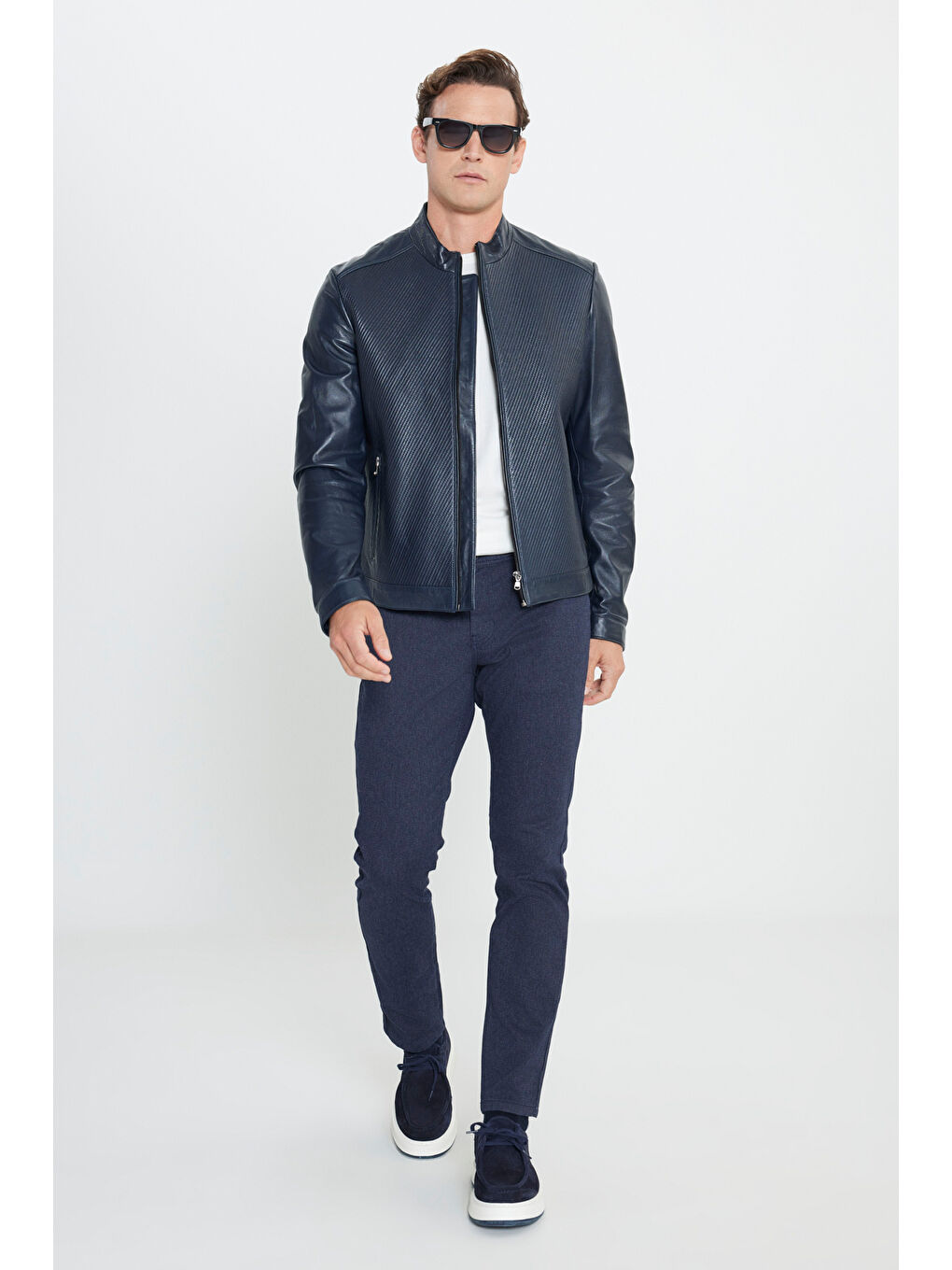 Erkek Lacivert Standart Fit Normal Kesim Bebe Yaka %100 Deri Mont-1