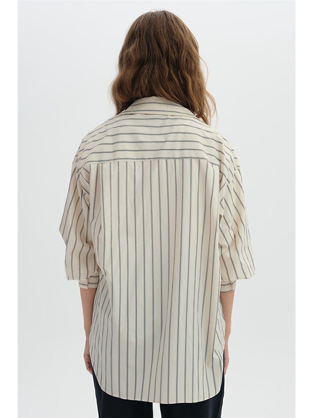 Bej Çizgili Oversize Gömlek-5