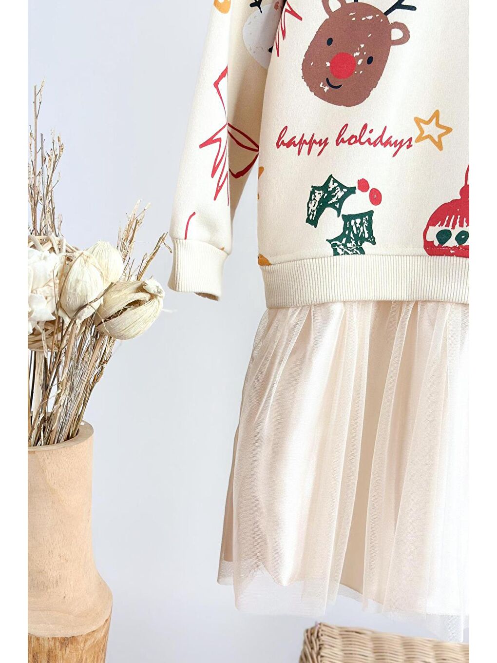 Siyah Kız Çocuk Yılbaşı Baskılı Tül Detaylı Elbise-3