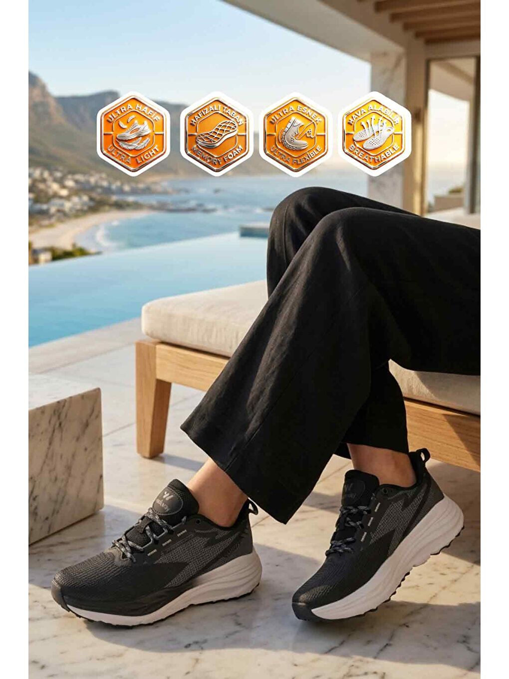 Siyah Beyaz Fileli Hafif Esnek Hafızalı Taban Unisex Spor Ayakkabı Flexion G-1