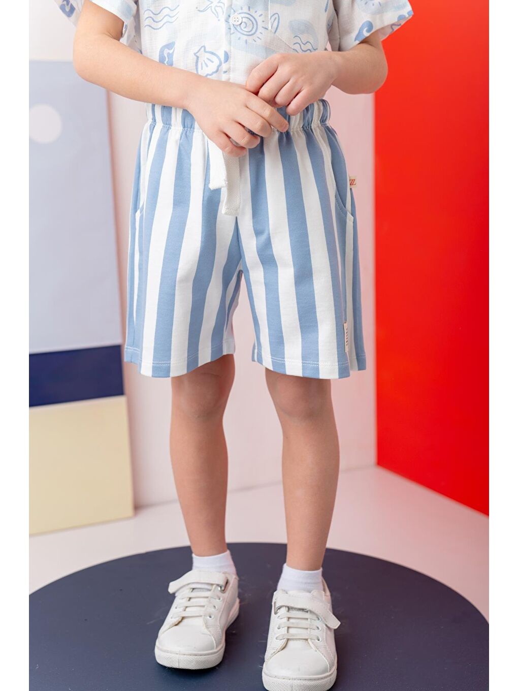Unısex Çocuk Çizgili Şort - Mavi Çizgili
