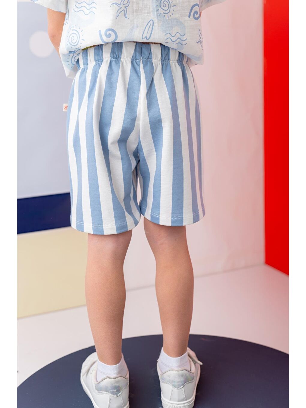 Unısex Çocuk Çizgili Şort - Mavi Çizgili-1