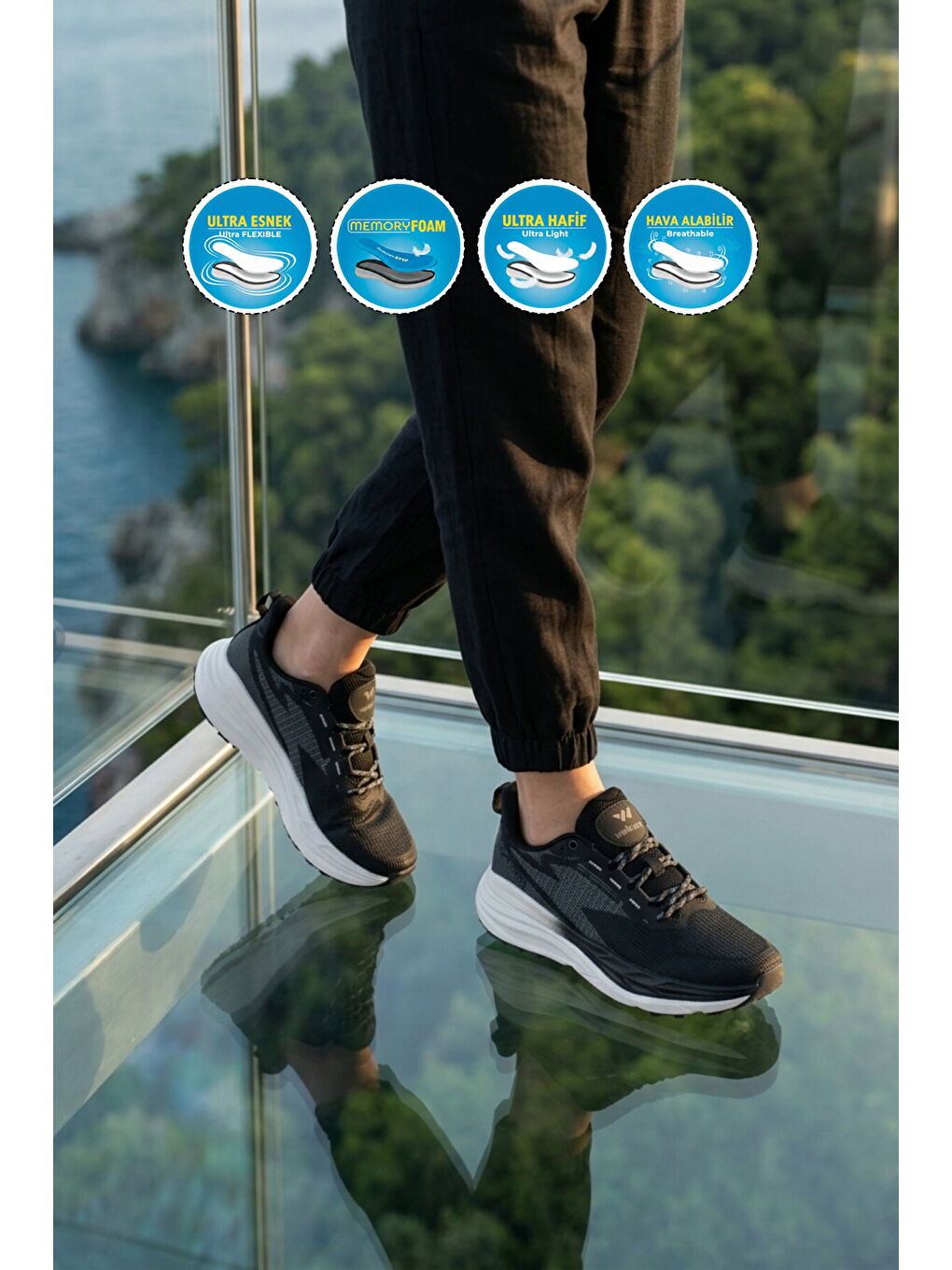 Siyah Beyaz Fileli Hafif Esnek Hafızalı Taban Unisex Spor Ayakkabı Flexion G-2