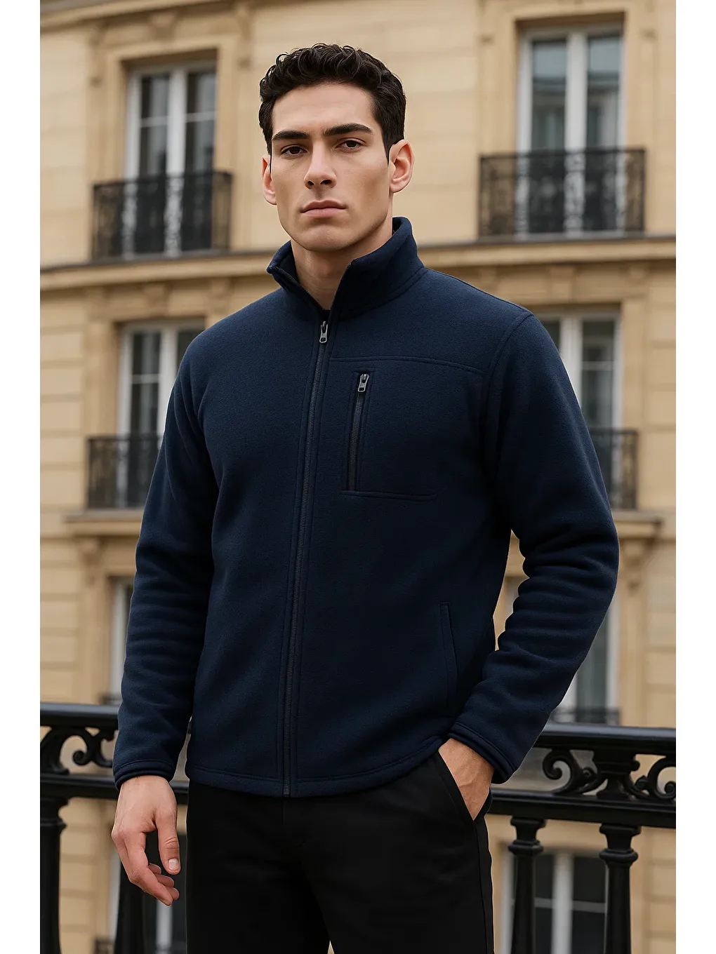 Erkek Kışlık Basic Fermuarlı Cepli Lacivert Polar Hırka-1