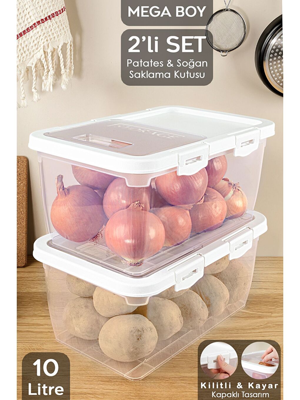 2 Adet Patates Soğan Kutusu Kayar Kapaklı Sebzelik Patates Soğanlık Saklama Kabı Beyaz 10 Lt