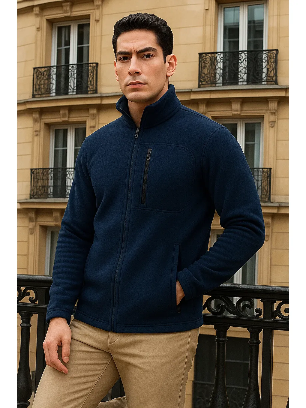 Erkek Kışlık Basic Fermuarlı Cepli Lacivert Polar Hırka-2