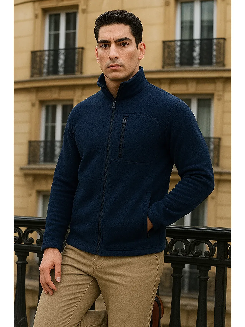 Erkek Kışlık Basic Fermuarlı Cepli Lacivert Polar Hırka-3