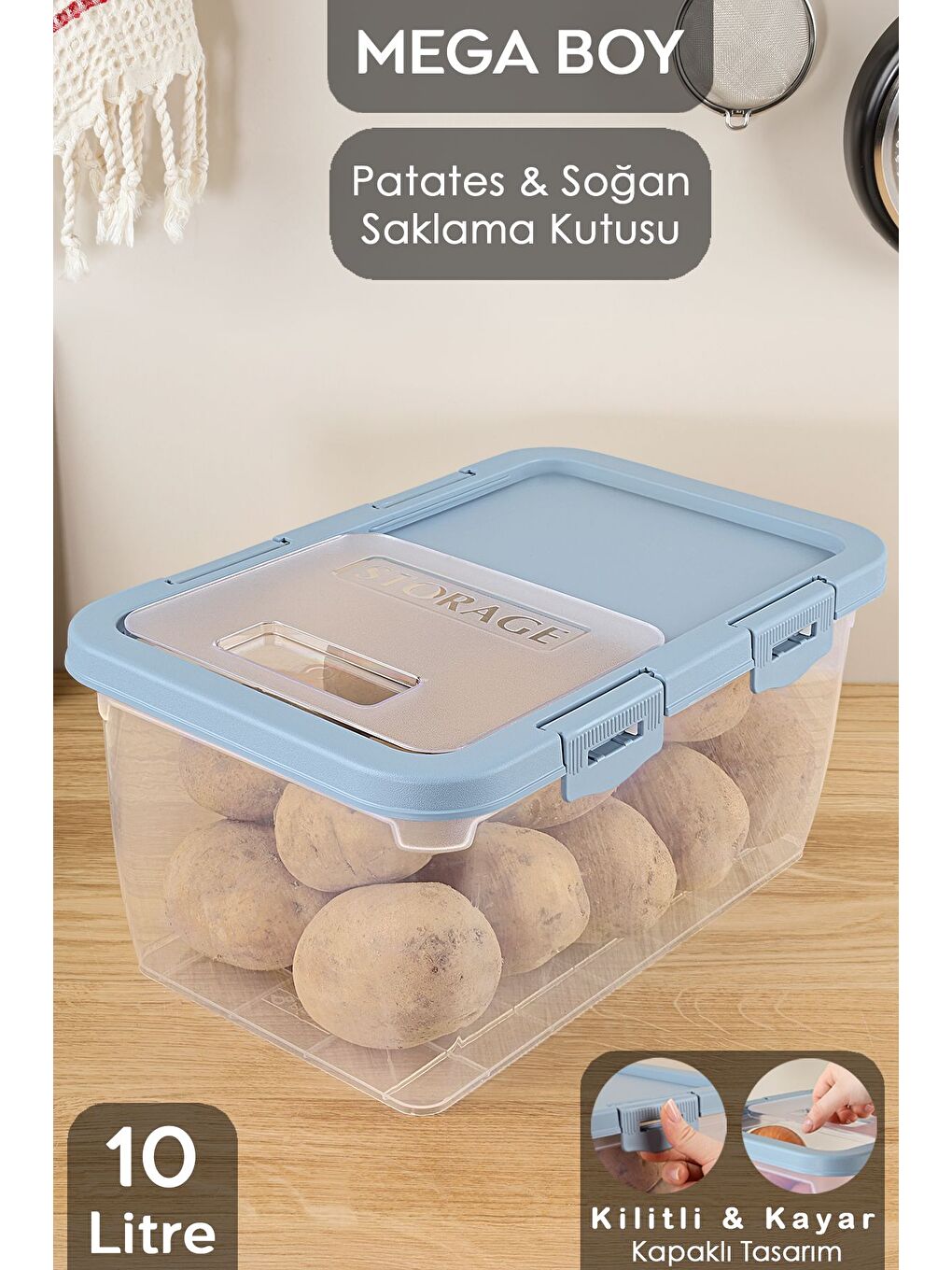 1 Adet Patates Soğan Kutusu Kayar Kapaklı Sebzelik Patates Soğanlık Saklama Kabı Mavi 10 Lt