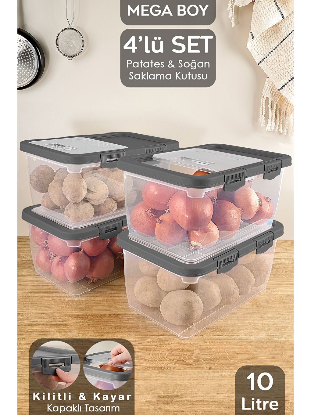 4 Adet Patates Soğan Kutusu Kayar Kapaklı Sebzelik Patates Soğanlık Saklama Kabı Gri 10 Lt