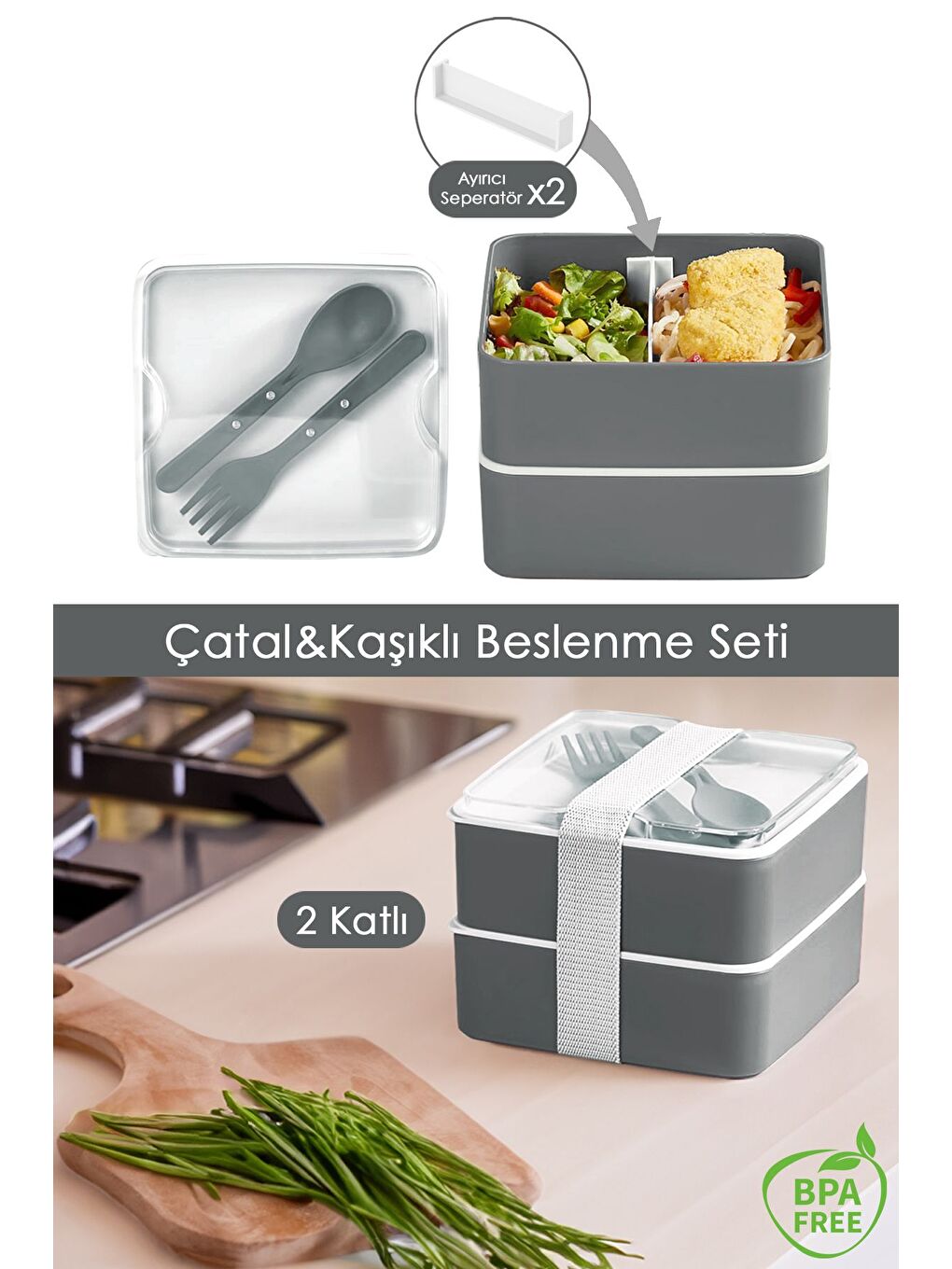 2 Katlı Ayarlanabilir Kare Beslenme Kabı Çatal Kaşık Servisli Yemek Saklama Kutusu Antrasit