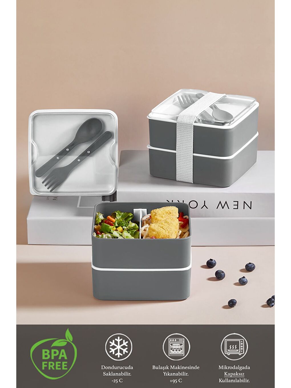 2 Katlı Ayarlanabilir Kare Beslenme Kabı Çatal Kaşık Servisli Yemek Saklama Kutusu Antrasit-1