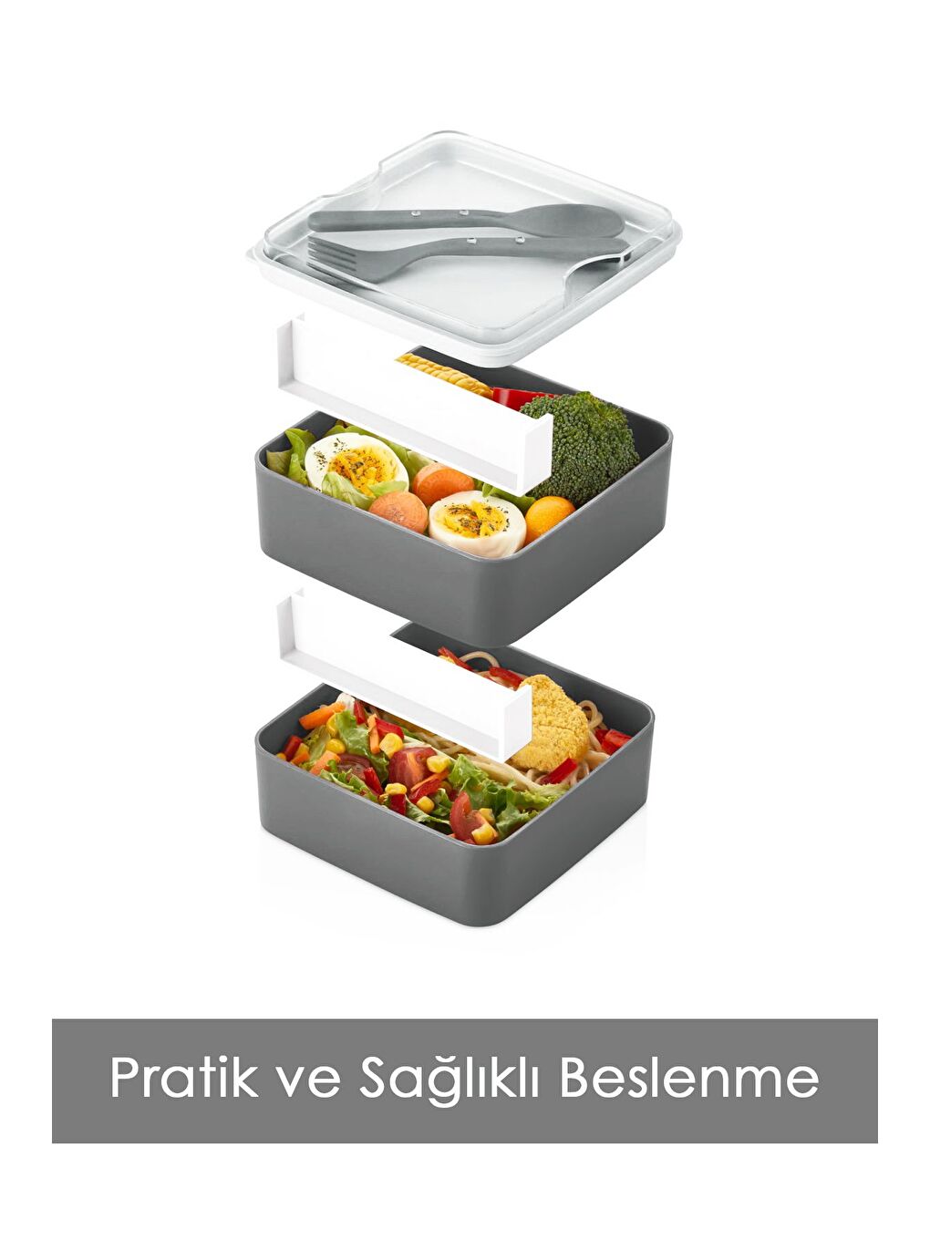 2 Katlı Ayarlanabilir Kare Beslenme Kabı Çatal Kaşık Servisli Yemek Saklama Kutusu Antrasit-2