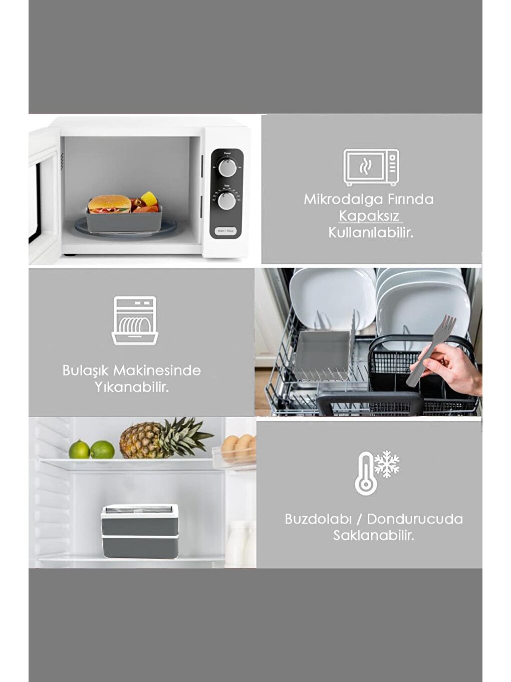 2 Katlı Ayarlanabilir Kare Beslenme Kabı Çatal Kaşık Servisli Yemek Saklama Kutusu Antrasit-3