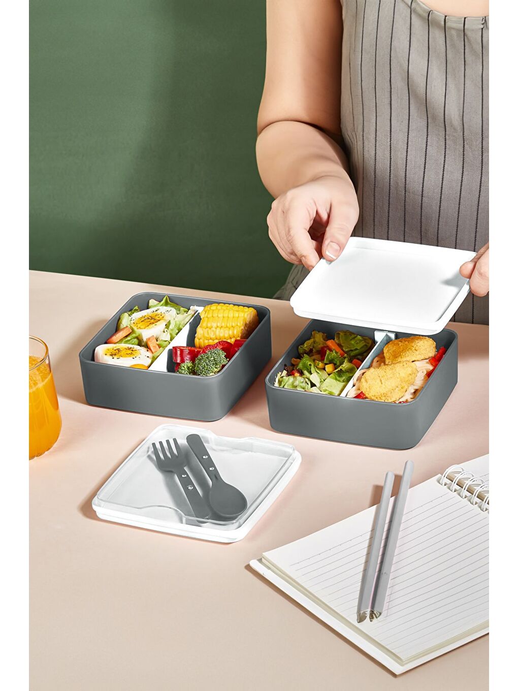 2 Katlı Ayarlanabilir Kare Beslenme Kabı Çatal Kaşık Servisli Yemek Saklama Kutusu Antrasit-5
