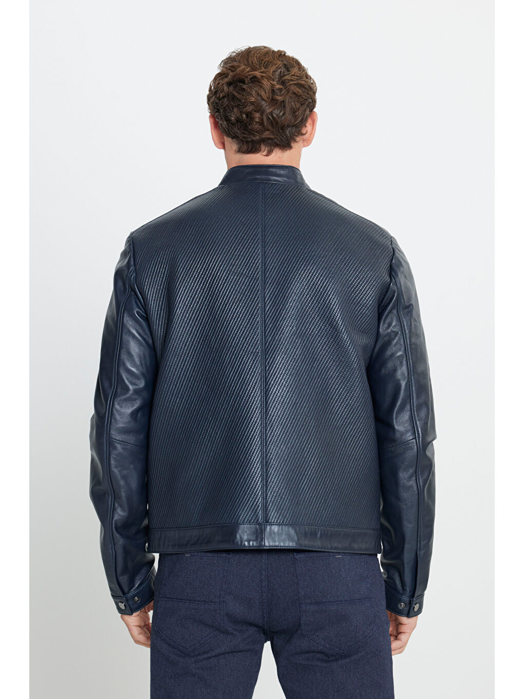 Erkek Lacivert Standart Fit Normal Kesim Bebe Yaka %100 Deri Mont-4