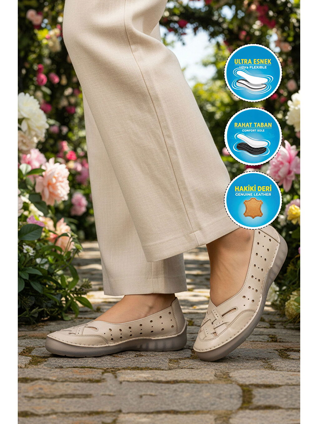 Premium Bej Hakiki Deri Anatomik Kadın Casual Ayakkabı 44401 Z-2