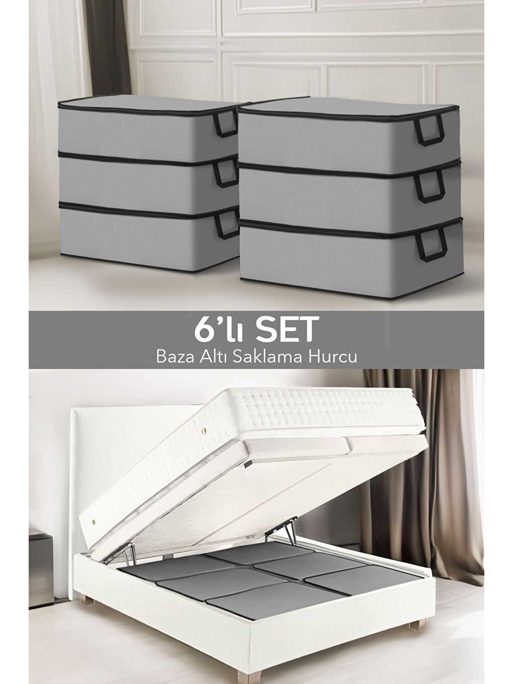6'lı Çekyat Tipi Siyah Şeritli Organizer Hurç Baza Altı Yorgan Yastık Çamaşır Saklama Hurcu Gri