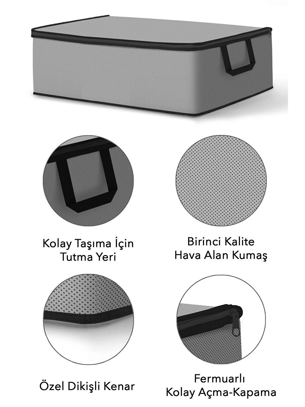 6'lı Çekyat Tipi Siyah Şeritli Organizer Hurç Baza Altı Yorgan Yastık Çamaşır Saklama Hurcu Gri-1