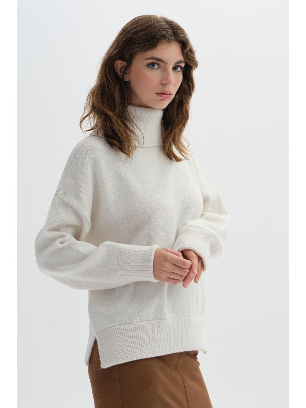 Ekru Balıkçı Yaka Triko Kazak-1