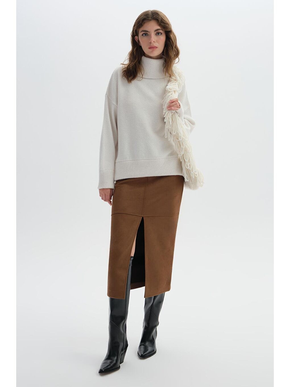 Ekru Balıkçı Yaka Triko Kazak-3