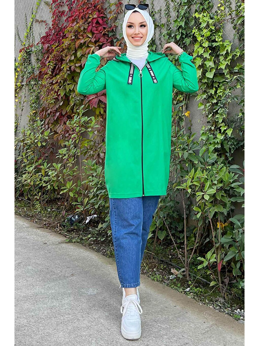 Kapüşonlu Yaka Kadın Yeşil Fermuarlı Hırka - 3038-1