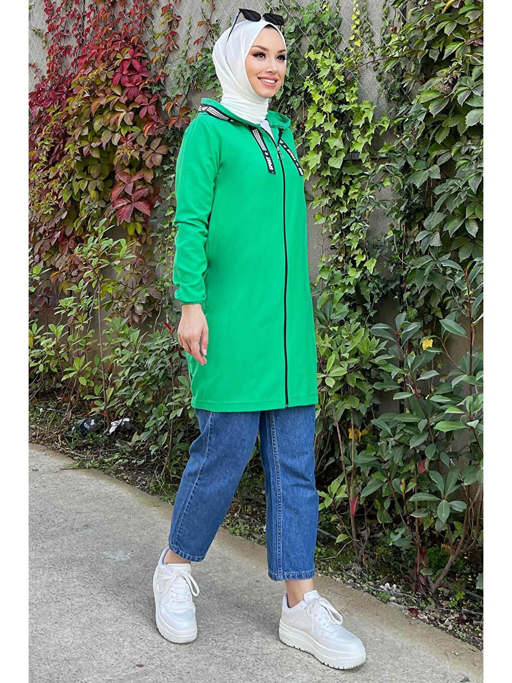 Kapüşonlu Yaka Kadın Yeşil Fermuarlı Hırka - 3038-2