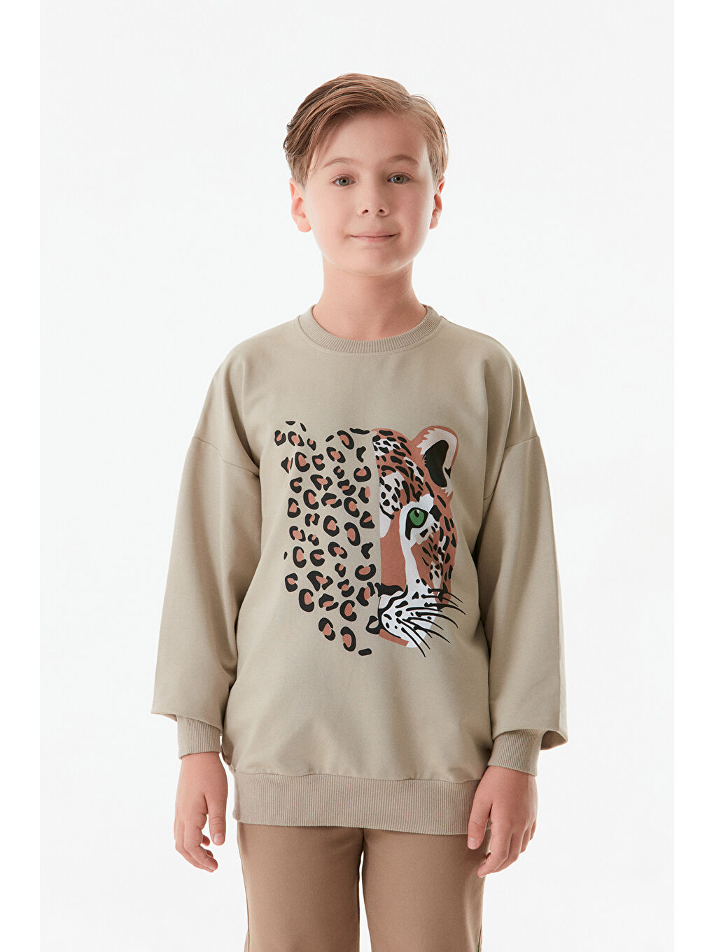 Fullamoda Vizon Leopar Baskılı Bisiklet Yaka Erkek Çocuk Sweatshirt