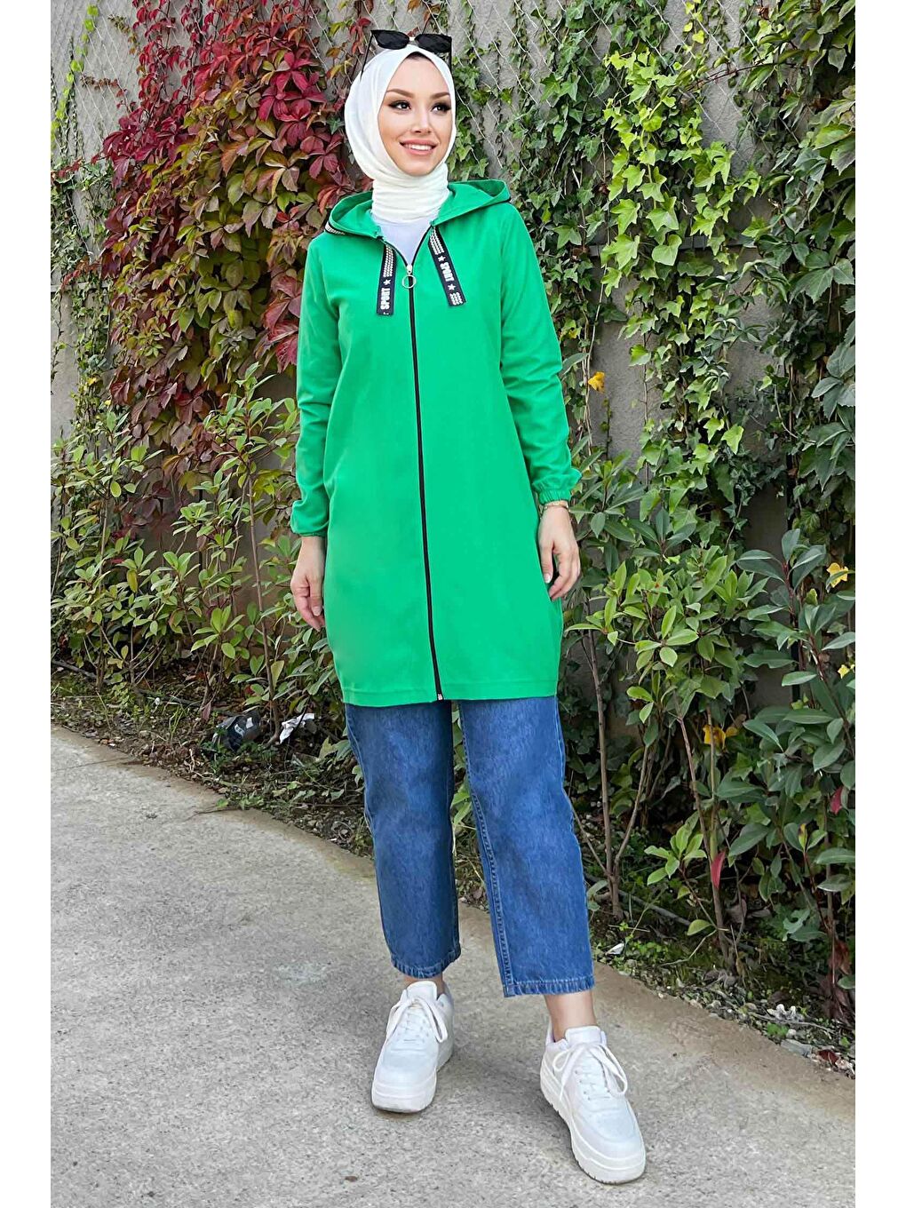Kapüşonlu Yaka Kadın Yeşil Fermuarlı Hırka - 3038-3