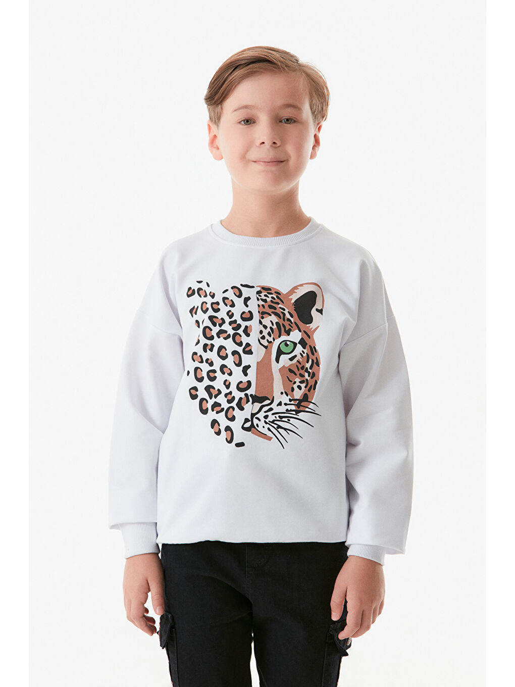 Fullamoda Beyaz Leopar Baskılı Bisiklet Yaka Erkek Çocuk Sweatshirt