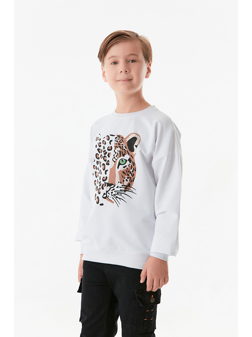 Fullamoda Beyaz Leopar Baskılı Bisiklet Yaka Erkek Çocuk Sweatshirt - 3