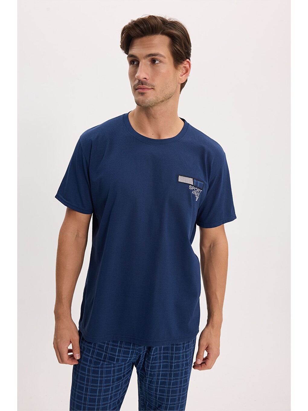 Erkek Standart Fit Normal Kesim Pamuklu Bisiklet Yaka Kısa Kollu Lastikli Lacivert Pijama Takımı-1
