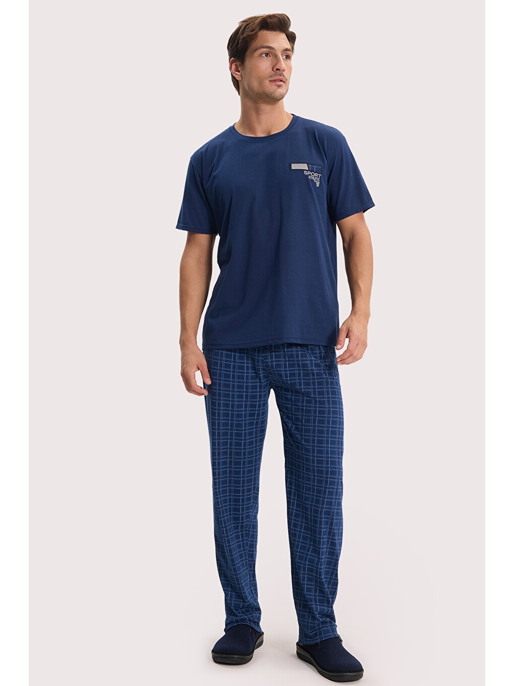Erkek Standart Fit Normal Kesim Pamuklu Bisiklet Yaka Kısa Kollu Lastikli Lacivert Pijama Takımı-2