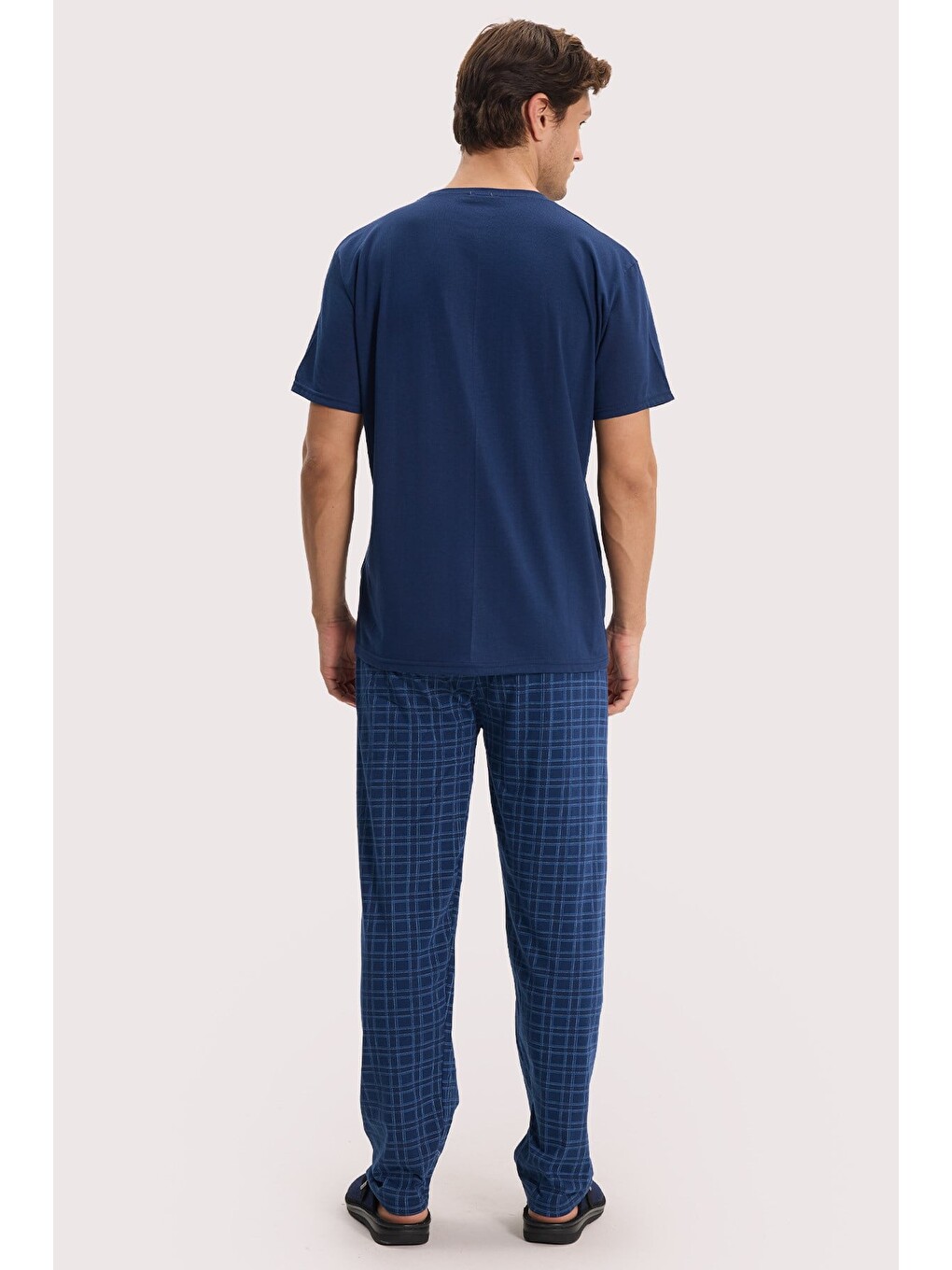 Erkek Standart Fit Normal Kesim Pamuklu Bisiklet Yaka Kısa Kollu Lastikli Lacivert Pijama Takımı-5