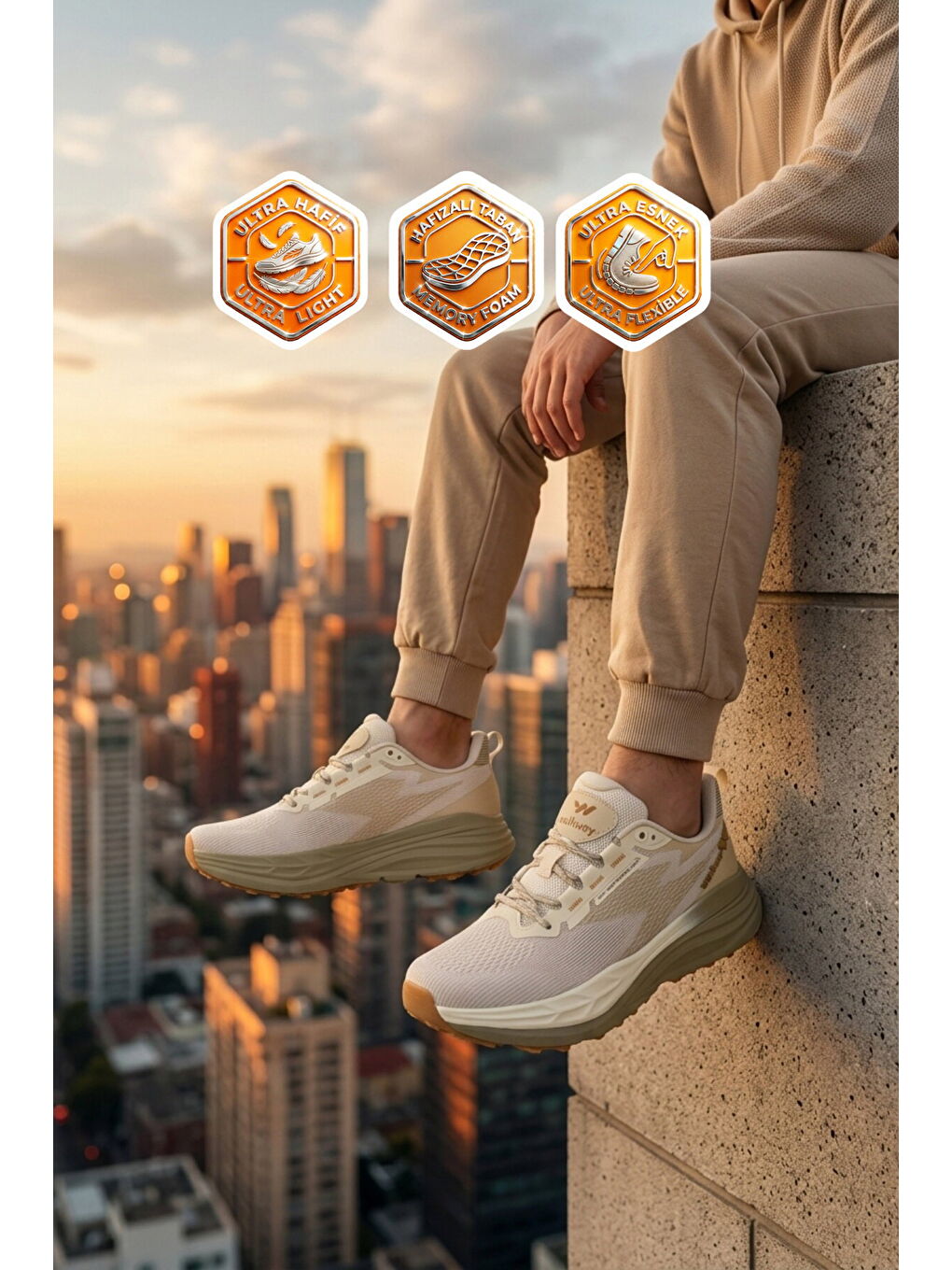 Bej Fileli Hafif Esnek Hafızalı Taban Erkek Spor Ayakkabı Flexion M-1