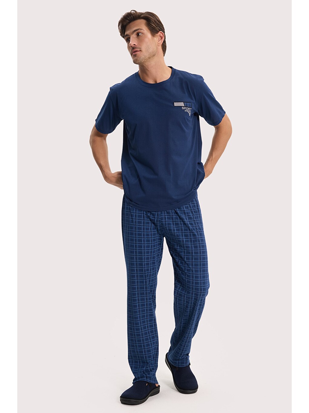 Erkek Standart Fit Normal Kesim Pamuklu Bisiklet Yaka Kısa Kollu Lastikli Lacivert Pijama Takımı-6