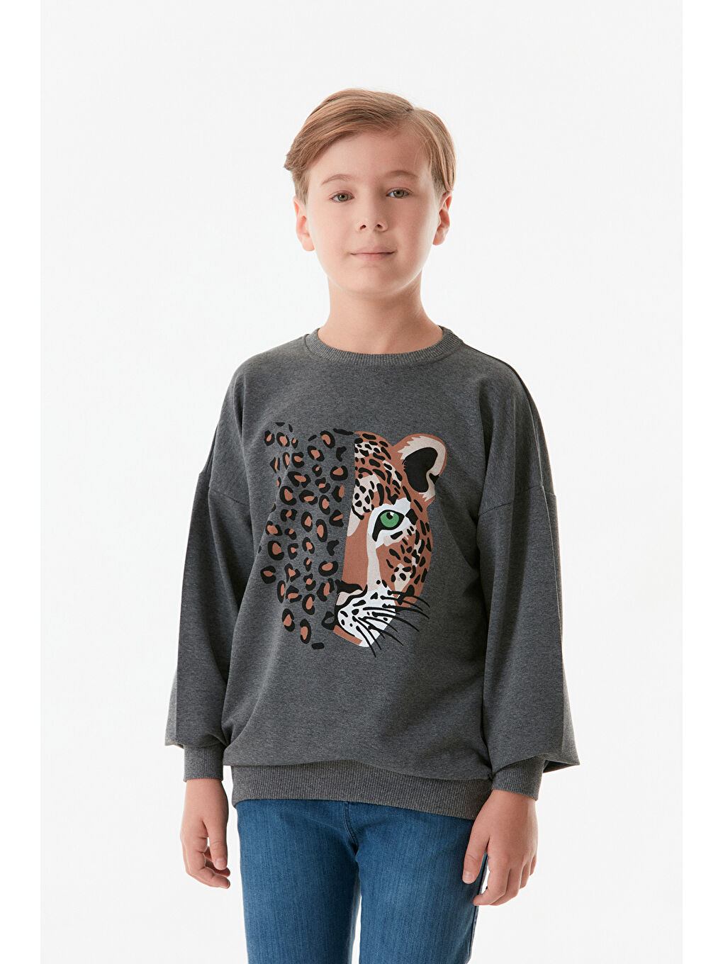 Fullamoda Antrasit Leopar Baskılı Bisiklet Yaka Erkek Çocuk Sweatshirt