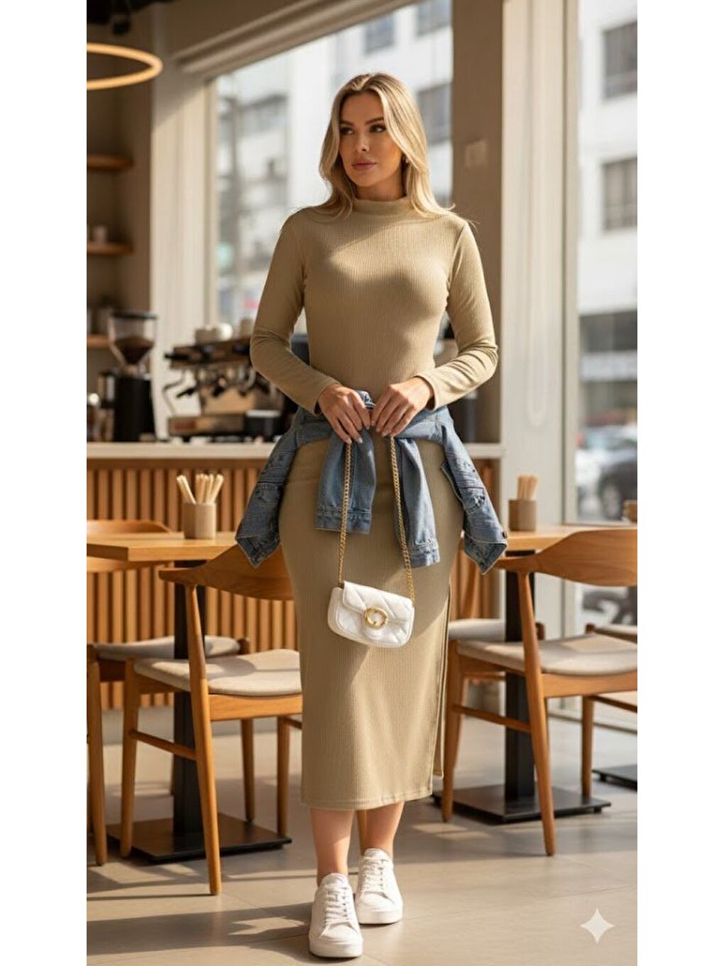 Bej Kadın Uzun Kollu Balıkçı Yakalı Yanlardan Yırtmaçlı Kaşkorse Maxi Elbise-1