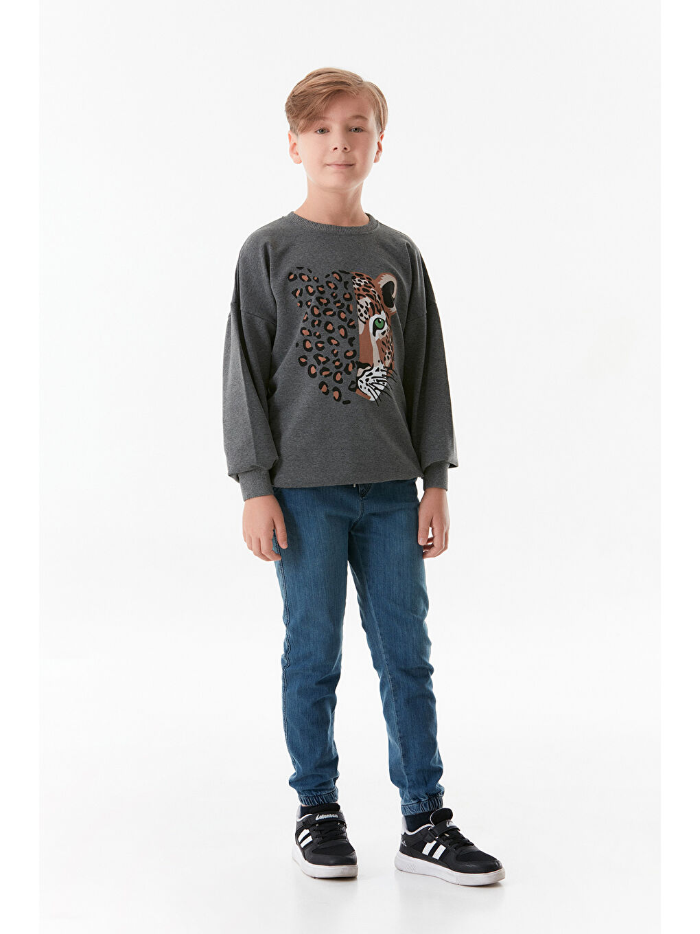 Fullamoda Antrasit Leopar Baskılı Bisiklet Yaka Erkek Çocuk Sweatshirt - 1