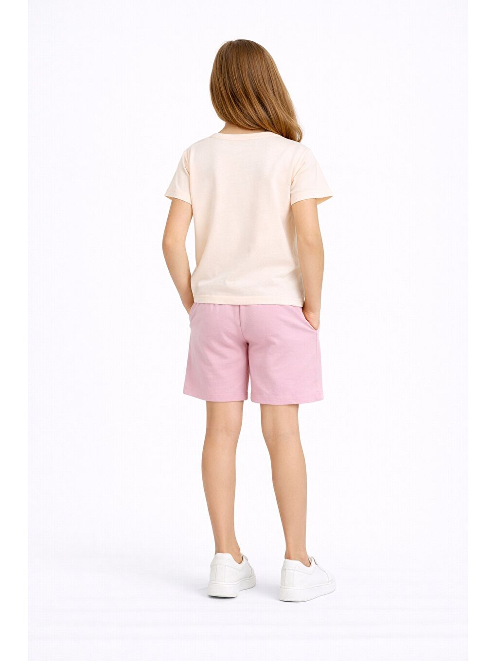 Pembe Pudra Fiyonk Desenli Bisiklet Yaka Tişörtlü Kız Çocuk Şortlu Takım 23901-4