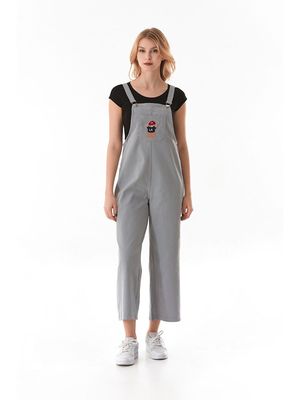 Gri Ayıcık Nakışlı Askılı Önü Cepli Tulum-1